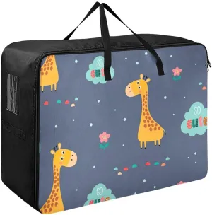 Cute Giraffe and Flowers Storage Bags Extra Large Moving Bags with Strong Zippers and Carrying Handles, Zippered Storage Bag for Moving