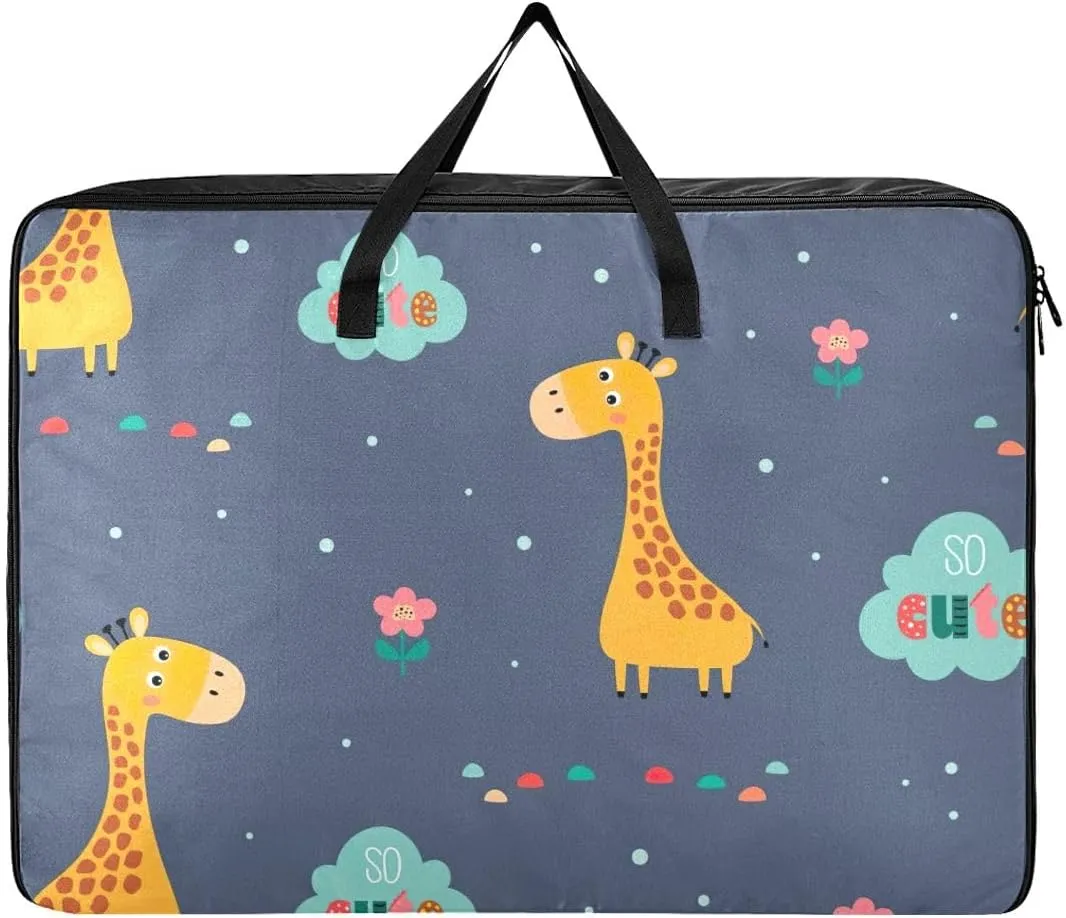 Cute Giraffe and Flowers Storage Bags Extra Large Moving Bags with Strong Zippers and Carrying Handles, Zippered Storage Bag for Moving