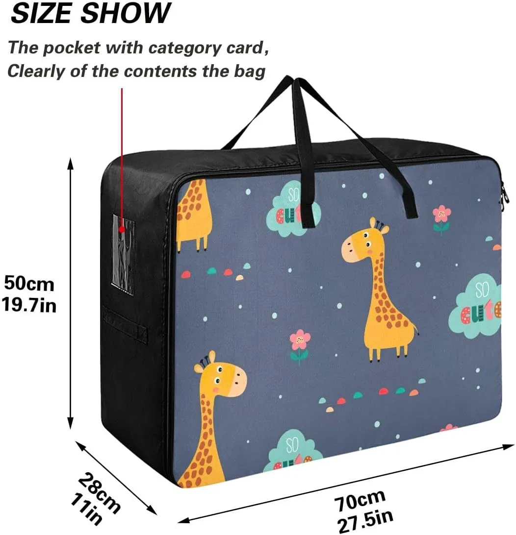 Cute Giraffe and Flowers Storage Bags Extra Large Moving Bags with Strong Zippers and Carrying Handles, Zippered Storage Bag for Moving
