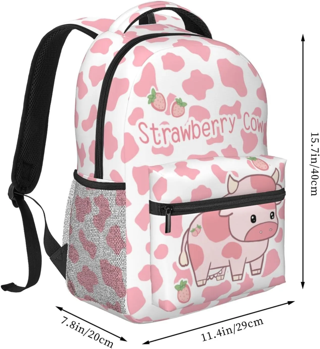 Cute Pink Strawberry Cow Print Backpack for Boys Girls Bookbags Lightweight Adjustable Elementary Middle High School Bags for Kids Children Teenagers Travel Daypack Laptop Hiking Backpacks