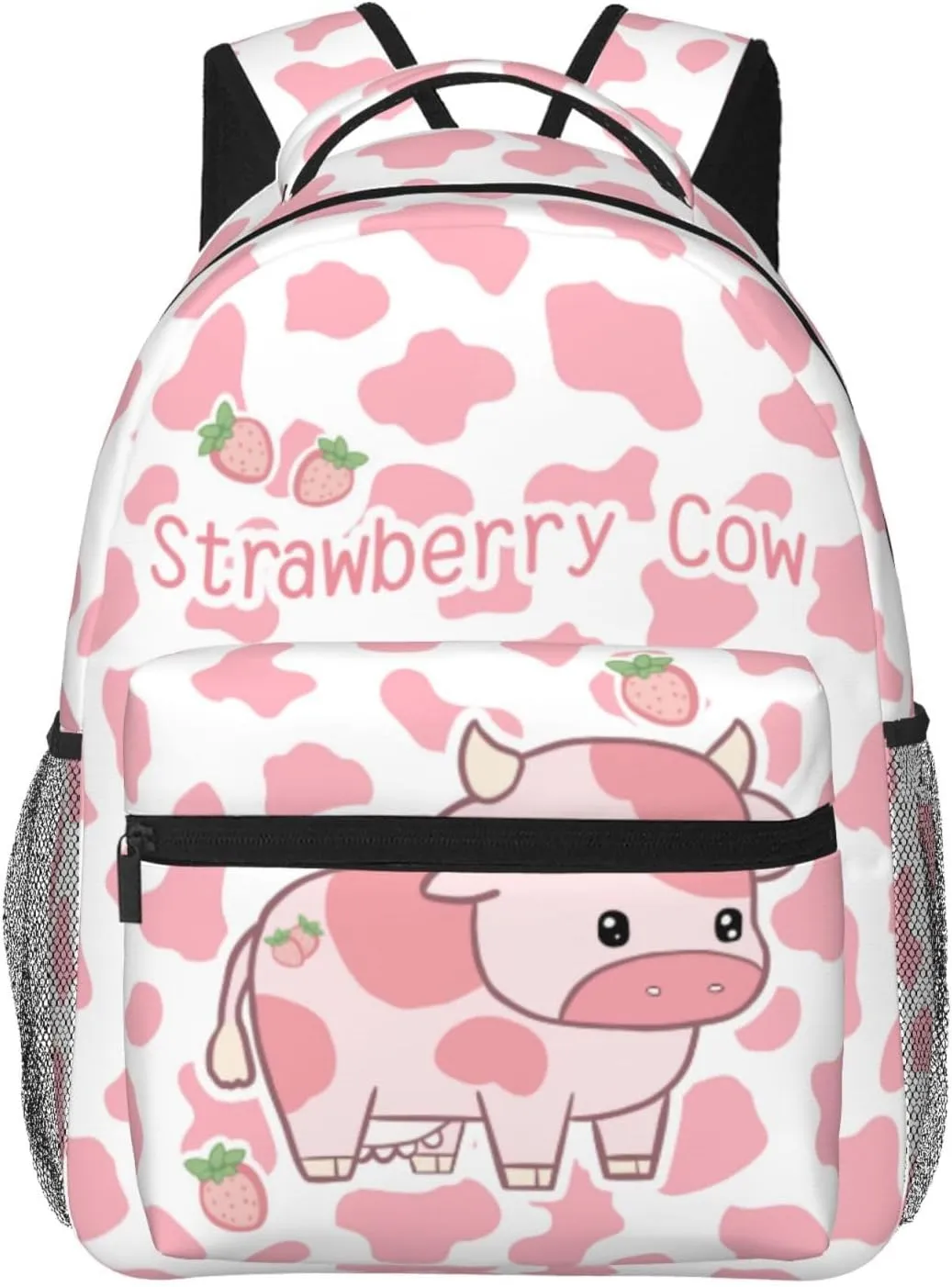 Cute Pink Strawberry Cow Print Backpack for Boys Girls Bookbags Lightweight Adjustable Elementary Middle High School Bags for Kids Children Teenagers Travel Daypack Laptop Hiking Backpacks
