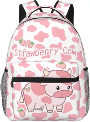 Cute Pink Strawberry Cow Print Backpack for Boys Girls Bookbags Lightweight Adjustable Elementary Middle High School Bags for Kids Children Teenagers Travel Daypack Laptop Hiking Backpacks