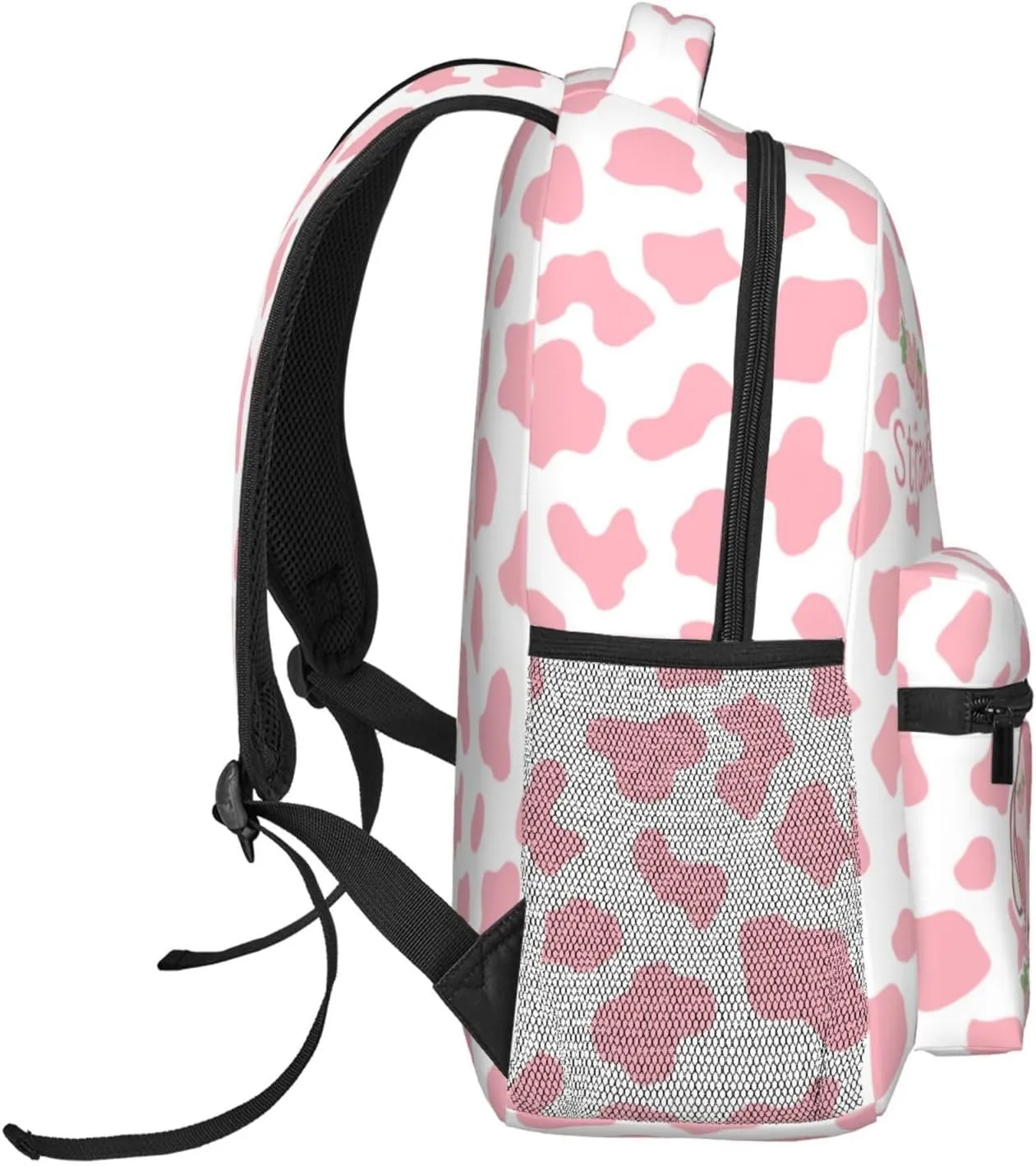 Cute Pink Strawberry Cow Print Backpack for Boys Girls Bookbags Lightweight Adjustable Elementary Middle High School Bags for Kids Children Teenagers Travel Daypack Laptop Hiking Backpacks