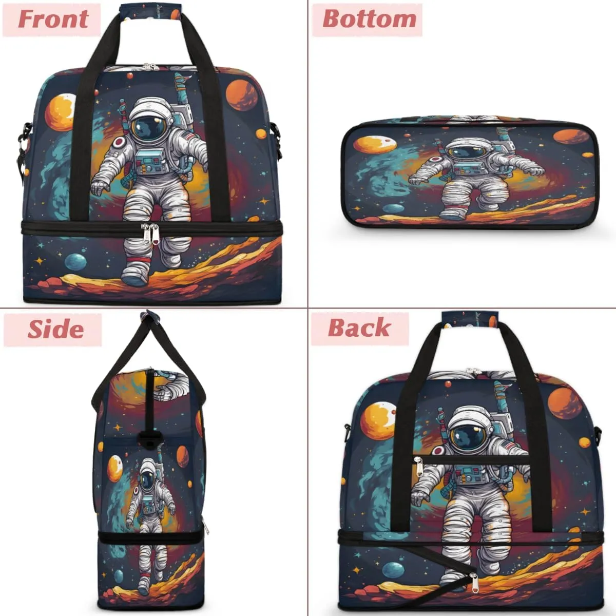 Cute Planet Astronaut Foldable Travel Duffel Bag Overnight Weekender Bag with Shoes Compartment Sports Gym Bag for Men Women
