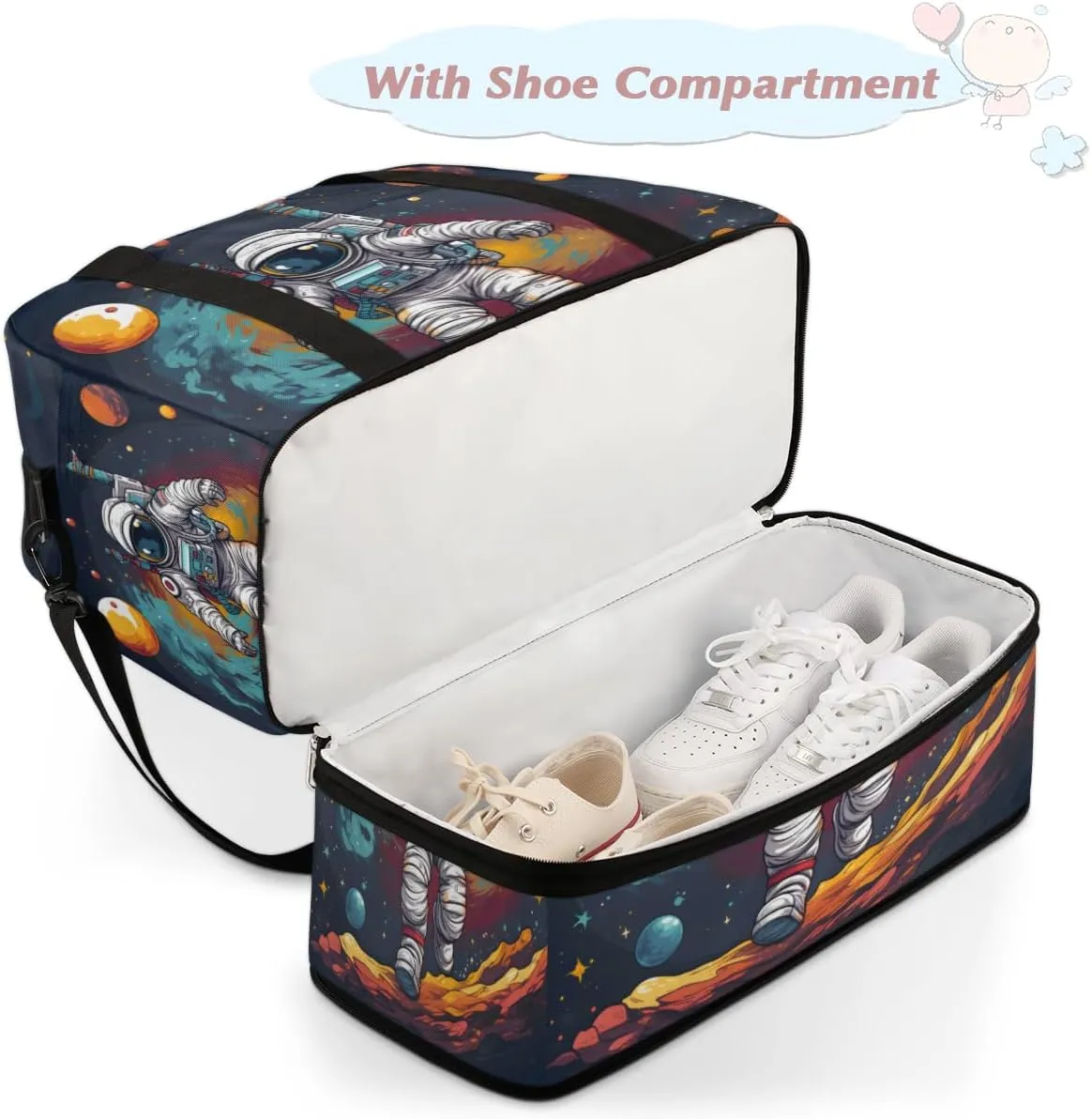 Cute Planet Astronaut Foldable Travel Duffel Bag Overnight Weekender Bag with Shoes Compartment Sports Gym Bag for Men Women