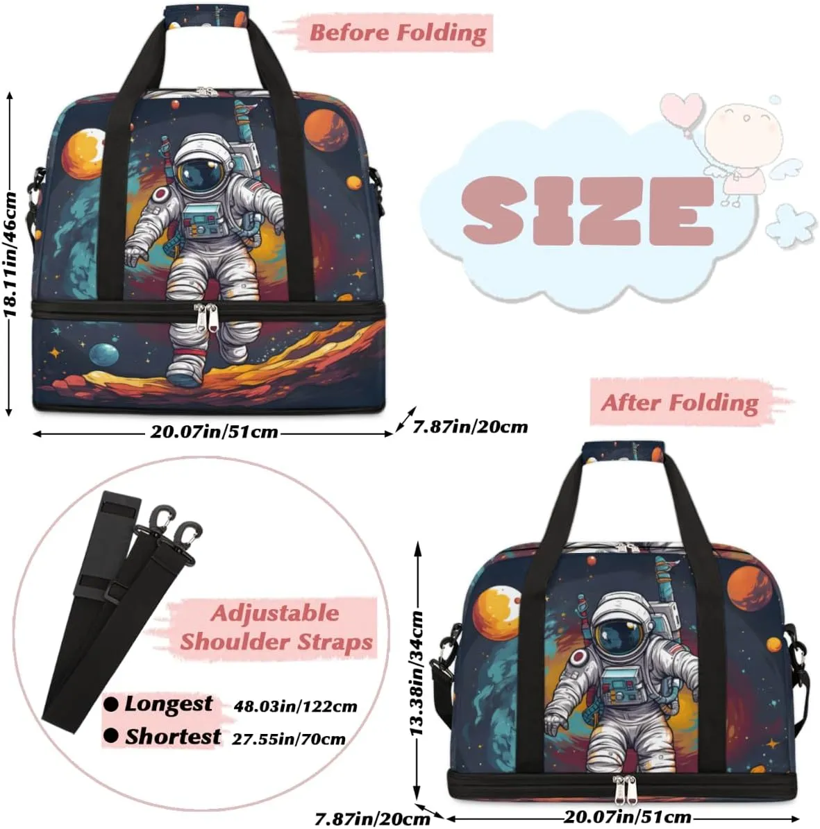 Cute Planet Astronaut Foldable Travel Duffel Bag Overnight Weekender Bag with Shoes Compartment Sports Gym Bag for Men Women