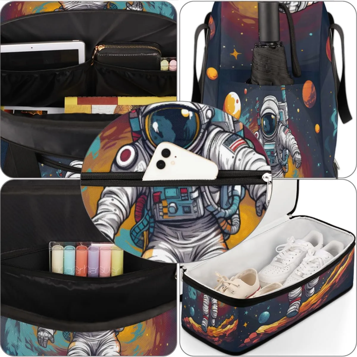 Cute Planet Astronaut Foldable Travel Duffel Bag Overnight Weekender Bag with Shoes Compartment Sports Gym Bag for Men Women