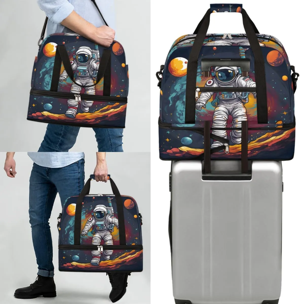 Cute Planet Astronaut Foldable Travel Duffel Bag Overnight Weekender Bag with Shoes Compartment Sports Gym Bag for Men Women
