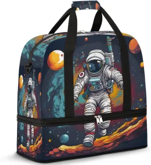 Cute Planet Astronaut Foldable Travel Duffel Bag Overnight Weekender Bag with Shoes Compartment Sports Gym Bag for Men Women