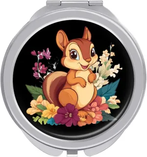 Cute Squirrel with Flowers Compact Makeup Mirror Mini Foldable Cosmetic Mirror Portable Travel Mirror for Purse Pocket