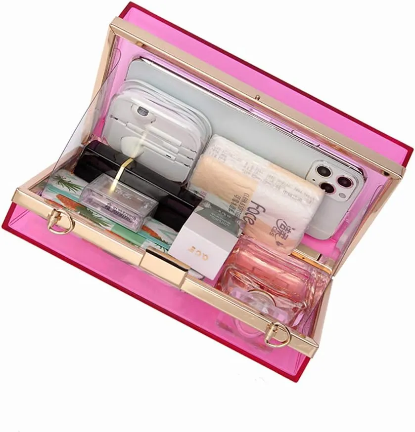 Cute Transparent Acrylic Shoulder Bag Clear Crossbody Evening Clutch Purse Handbag With 2 Gold Chain For Women