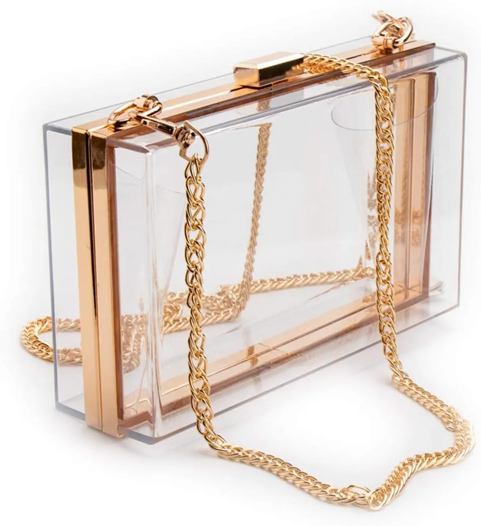 Cute Transparent Acrylic Shoulder Bag Clear Crossbody Evening Clutch Purse Handbag With 2 Gold Chain For Women