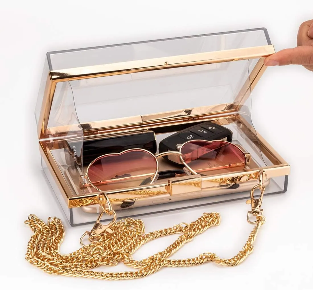 Cute Transparent Acrylic Shoulder Bag Clear Crossbody Evening Clutch Purse Handbag With 2 Gold Chain For Women