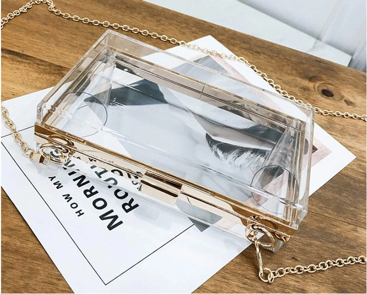 Cute Transparent Acrylic Shoulder Bag Clear Crossbody Evening Clutch Purse Handbag With 2 Gold Chain For Women