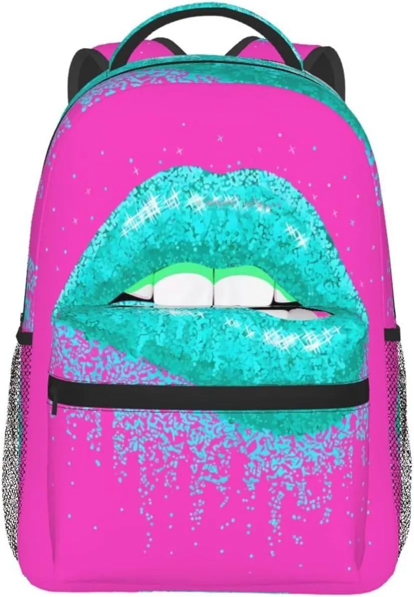 Cyan Glitter Lips Casual Backpack Sport Backpacks Work Travel Rucksack Lightweight Laptop Daypack Adjustable Straps Bags with Pockets for Cycling Hiking