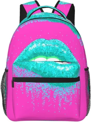 Cyan Glitter Lips Casual Backpack Sport Backpacks Work Travel Rucksack Lightweight Laptop Daypack Adjustable Straps Bags with Pockets for Cycling Hiking