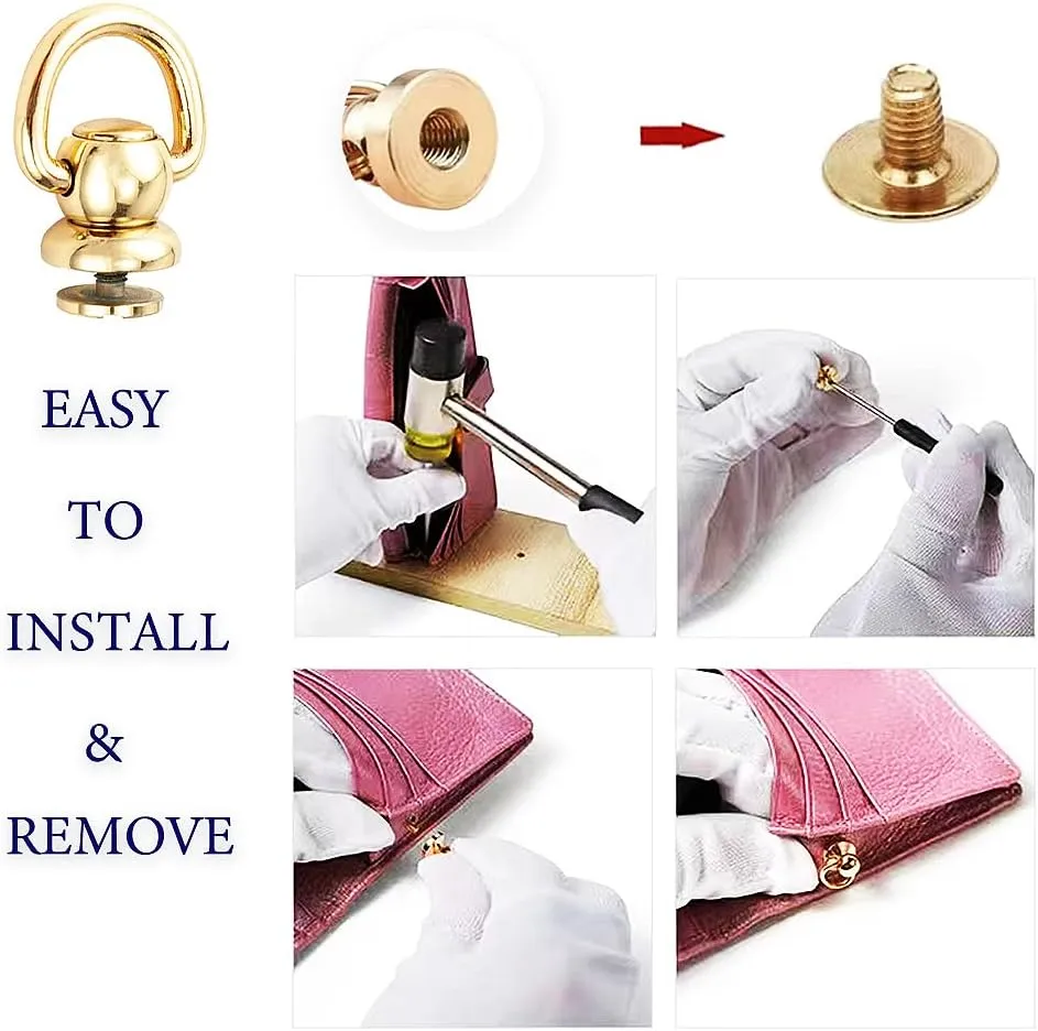 D Ring for Purse Leather Rivets 12 pcs Metal Ball Studs Screw Rivets for Leather Crossbody Purse Wallet Conversion Kit Accessories Handbag Hardware for Purse Making-Gold