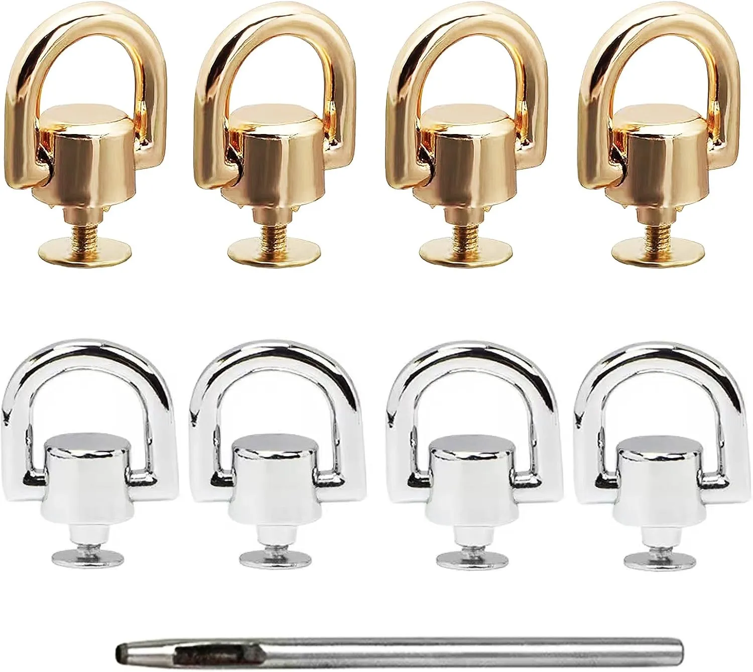 D Rings for Purse Hardware for Bag Making, 8 PCS Metal D Ring and Stud Screw, 360 Degree Rotatable D Rings for Purse, Bag Hardware, Dog Buckles, Purse, DIY Handcraft- Gold/Silver