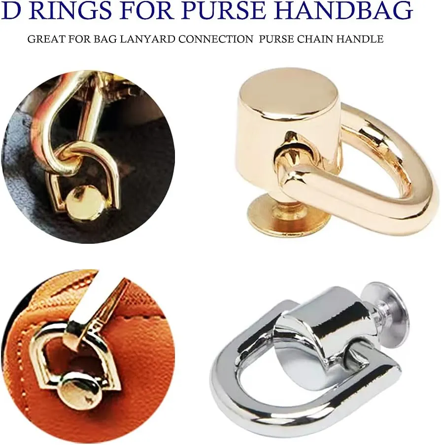 D Rings for Purse Hardware for Bag Making, 8 PCS Metal D Ring and Stud Screw, 360 Degree Rotatable D Rings for Purse, Bag Hardware, Dog Buckles, Purse, DIY Handcraft- Gold/Silver