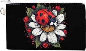 Daisy Flower with Ladybug Insect Coin Purse Canvas Change Pouch Portable Pocket Wallet Mini Storage Bag with Zippered Keychain