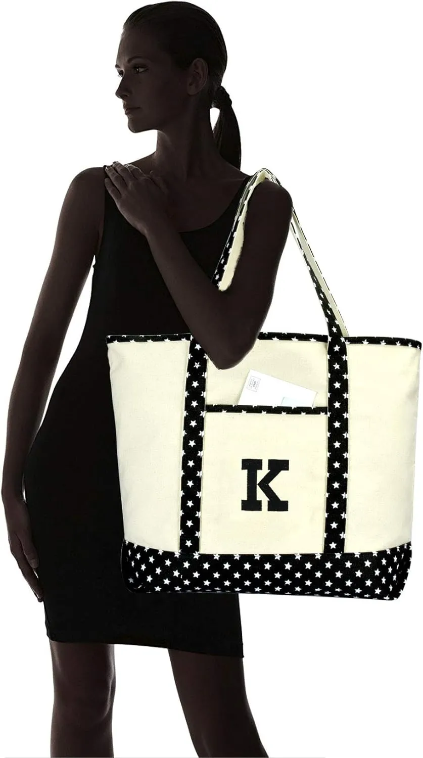 DALIX Initial Tote Bag Personalized Monogram Black Star Zippered Top Letter - K