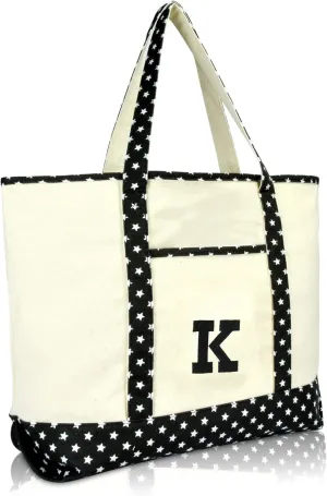 DALIX Initial Tote Bag Personalized Monogram Black Star Zippered Top Letter - K