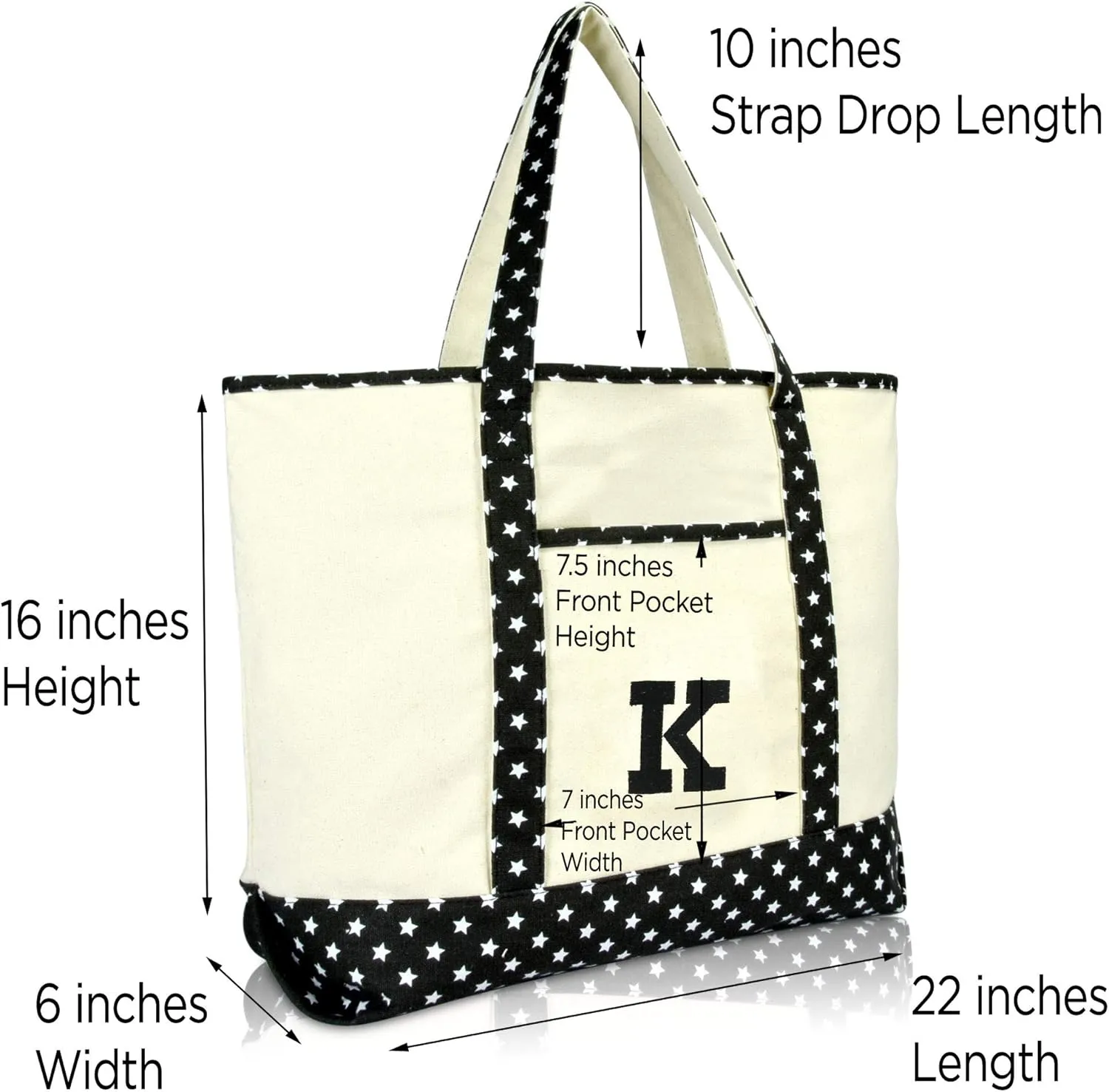 DALIX Initial Tote Bag Personalized Monogram Black Star Zippered Top Letter - K