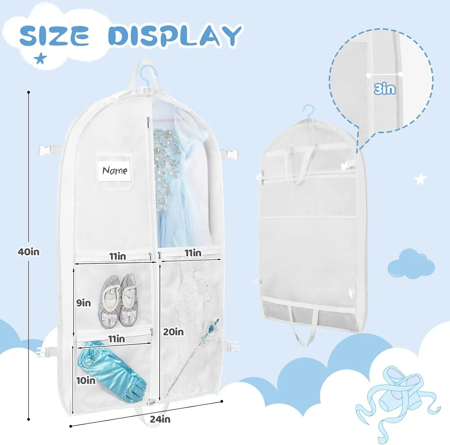 Dance costume bag, foldable and portable dance costume dancer costume bag, stronger zippered dance costume bag (White)