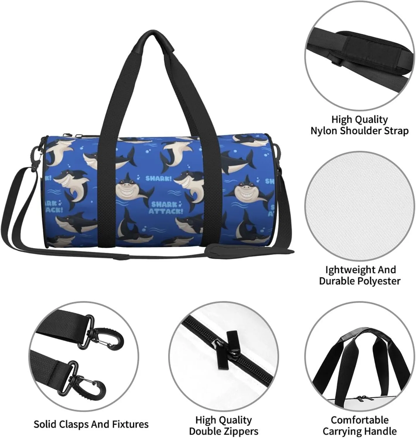 Dangerous smiling attack sharks Round Travel Duffel Bag Large Capacity Gym Sports Bags for Hiking Vacation Trips