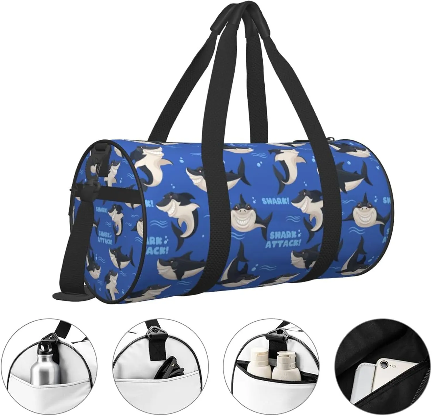 Dangerous smiling attack sharks Round Travel Duffel Bag Large Capacity Gym Sports Bags for Hiking Vacation Trips