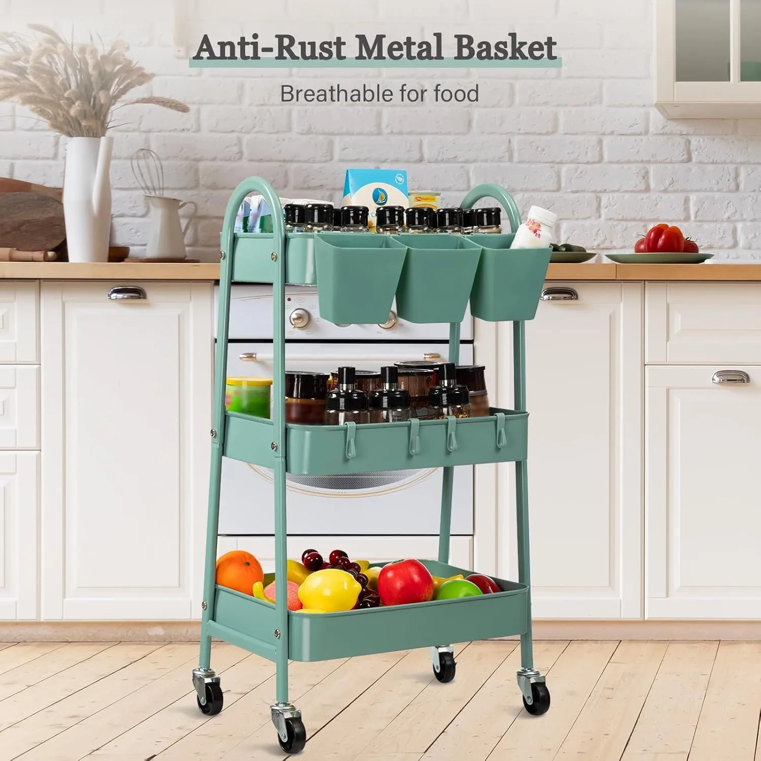 danpinera 3-Tier Rolling Cart, Metal Rolling Storage Cart with Lockable Wheels & Hanging Cups & Hooks, Mobile Trolley for Kitchen, Bathroom, Office, Workshop, Green