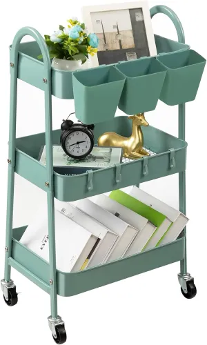 danpinera 3-Tier Rolling Cart, Metal Rolling Storage Cart with Lockable Wheels & Hanging Cups & Hooks, Mobile Trolley for Kitchen, Bathroom, Office, Workshop, Green