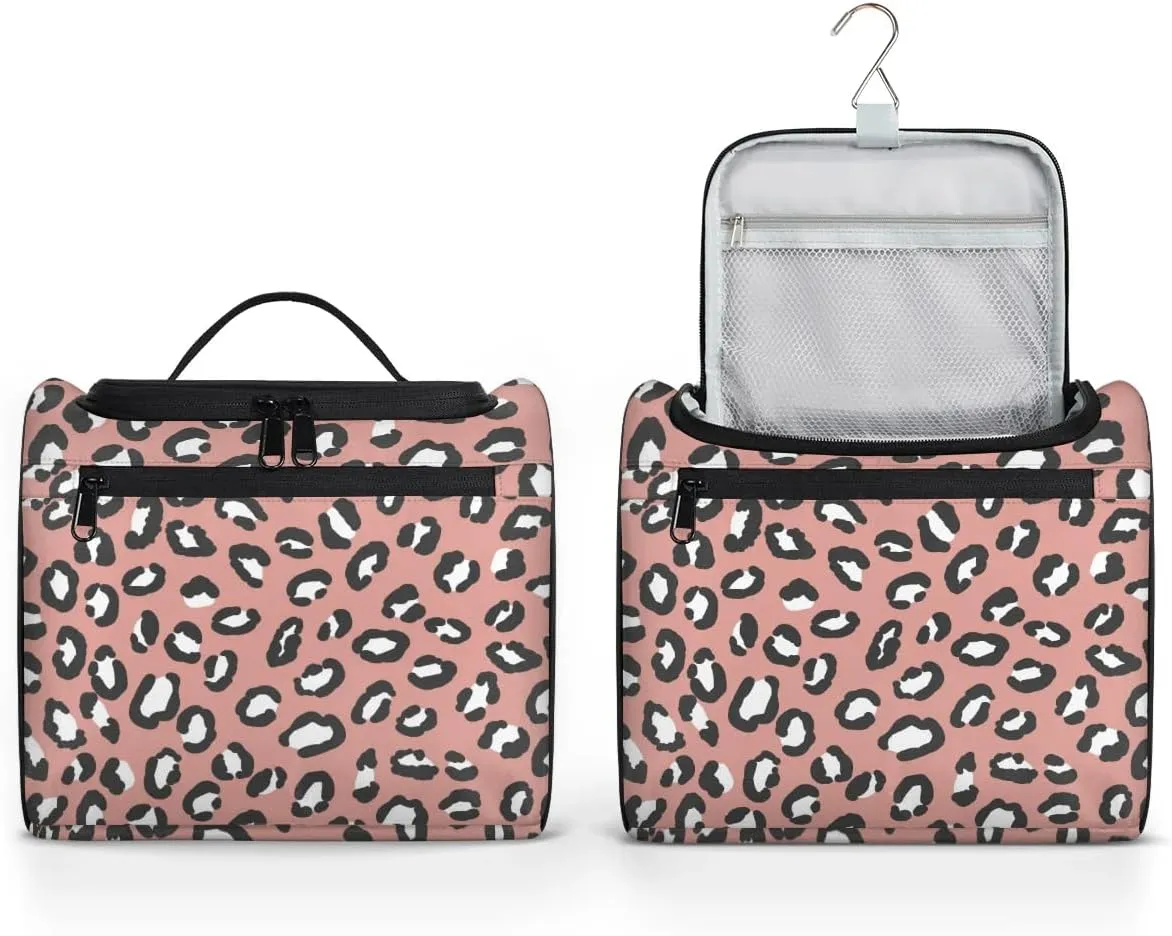 Dark Pink Leopard Print Hanging Toiletry Bag Wash Makeup Bag for Women Men Travel Cosmetics Bag Shaving Bag Organizer Kit for Accessories, Cosmetics, Travel Essentials
