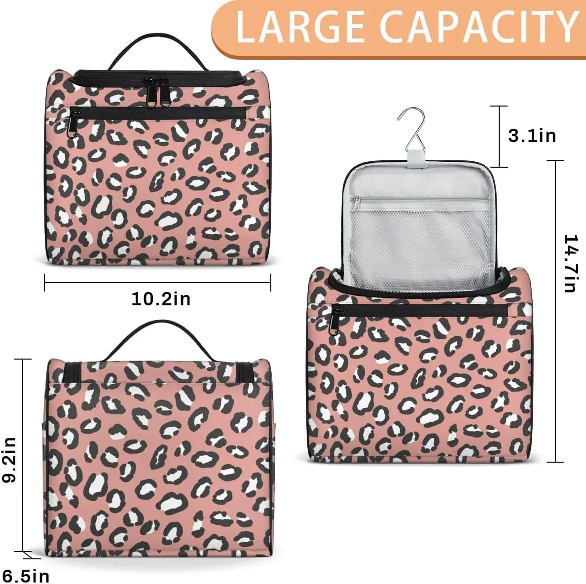 Dark Pink Leopard Print Hanging Toiletry Bag Wash Makeup Bag for Women Men Travel Cosmetics Bag Shaving Bag Organizer Kit for Accessories, Cosmetics, Travel Essentials