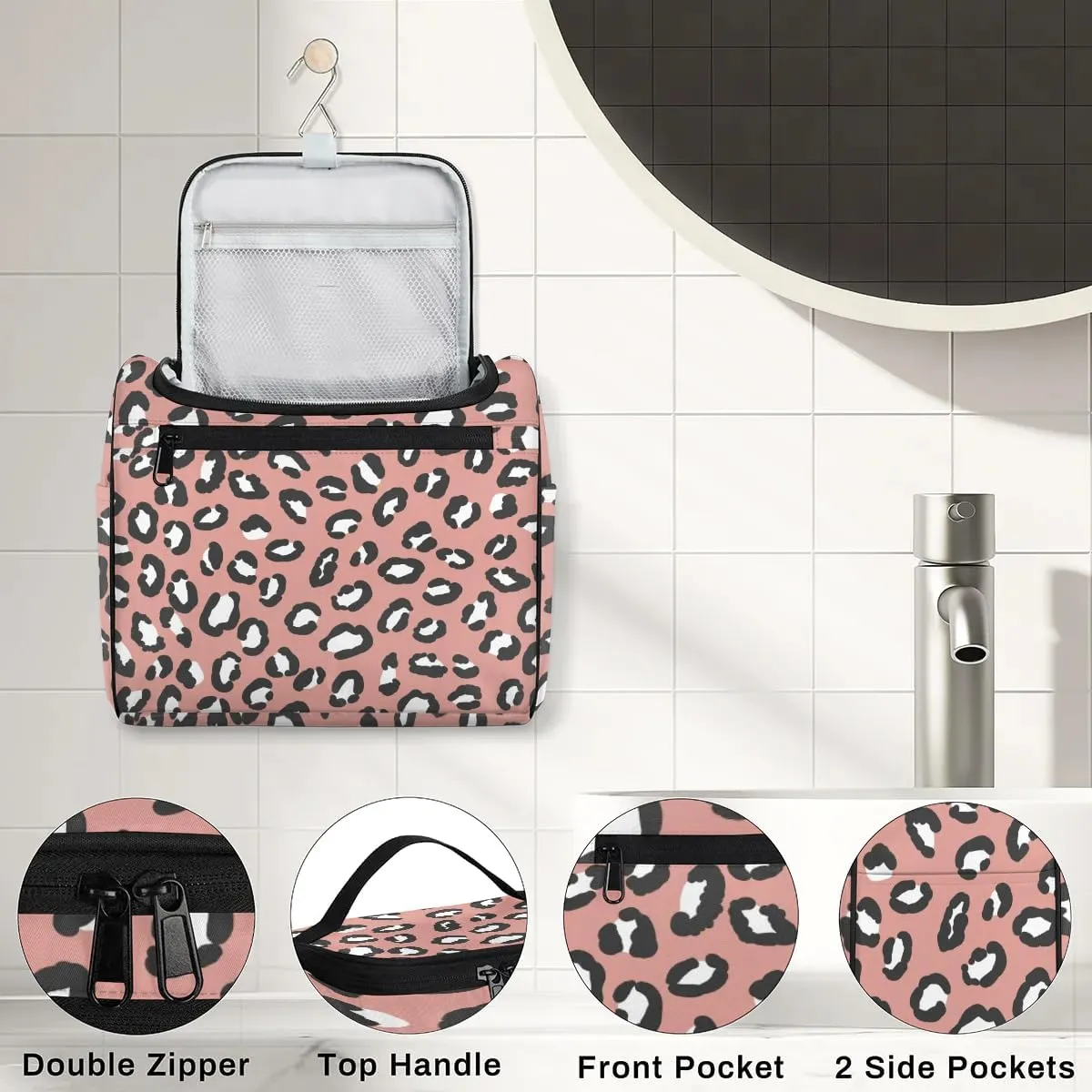 Dark Pink Leopard Print Hanging Toiletry Bag Wash Makeup Bag for Women Men Travel Cosmetics Bag Shaving Bag Organizer Kit for Accessories, Cosmetics, Travel Essentials