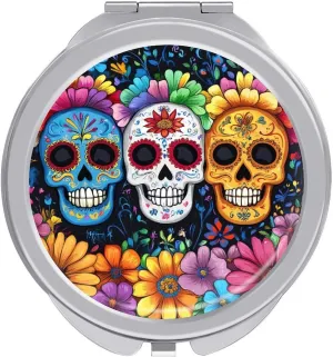 Day of The Dead Skull Flower Compact Makeup Mirror Mini Foldable Cosmetic Mirror Portable Travel Mirror for Purse Pocket