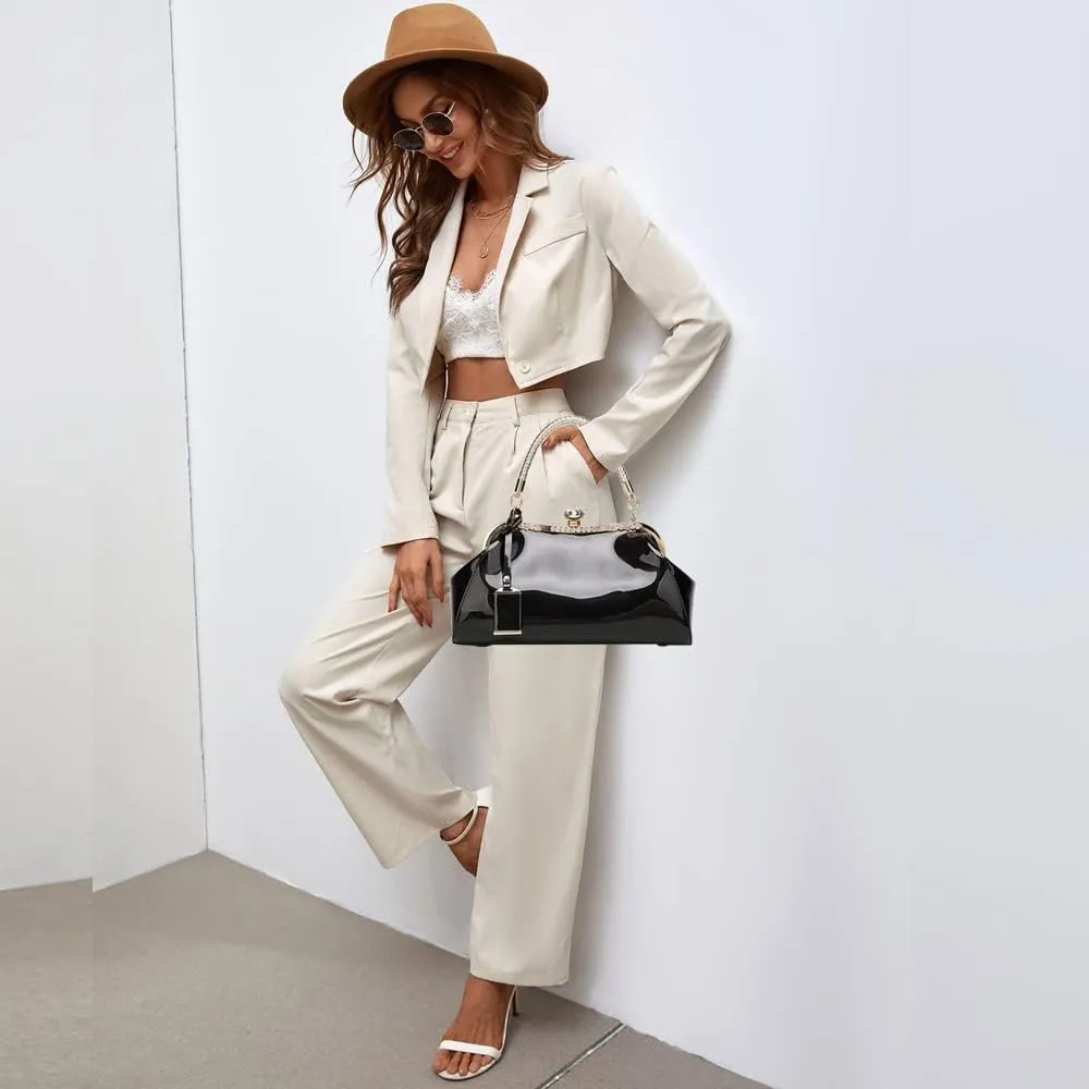 Dayfine Handbags for Women Glossy Patent Leather Top Handle Purse Crystal Buckle Satchel Bag Evening Tote Bags Shoulder Bag