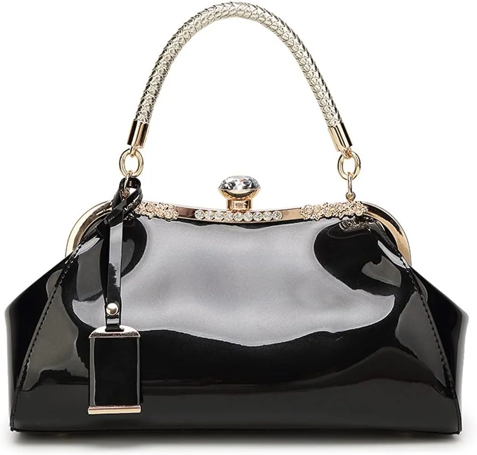Dayfine Handbags for Women Glossy Patent Leather Top Handle Purse Crystal Buckle Satchel Bag Evening Tote Bags Shoulder Bag