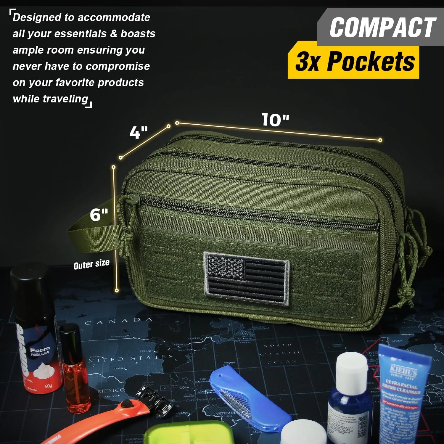 DBTAC DO MORE & BE MORE Tactical Toiletry Bag for Men | Compact Dopp Kit with Dry & Wet Compartments | Travel Shaving Kit Bag w/US Flag Patch, OD Green