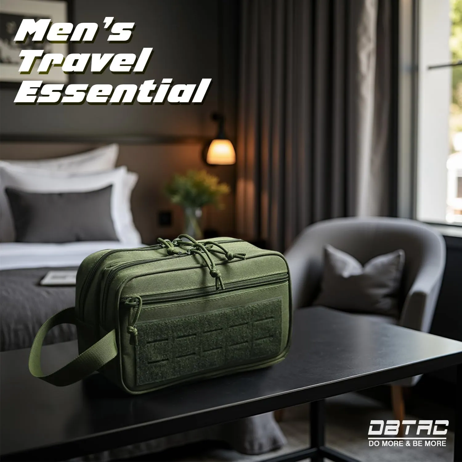 DBTAC DO MORE & BE MORE Tactical Toiletry Bag for Men | Compact Dopp Kit with Dry & Wet Compartments | Travel Shaving Kit Bag w/US Flag Patch, OD Green