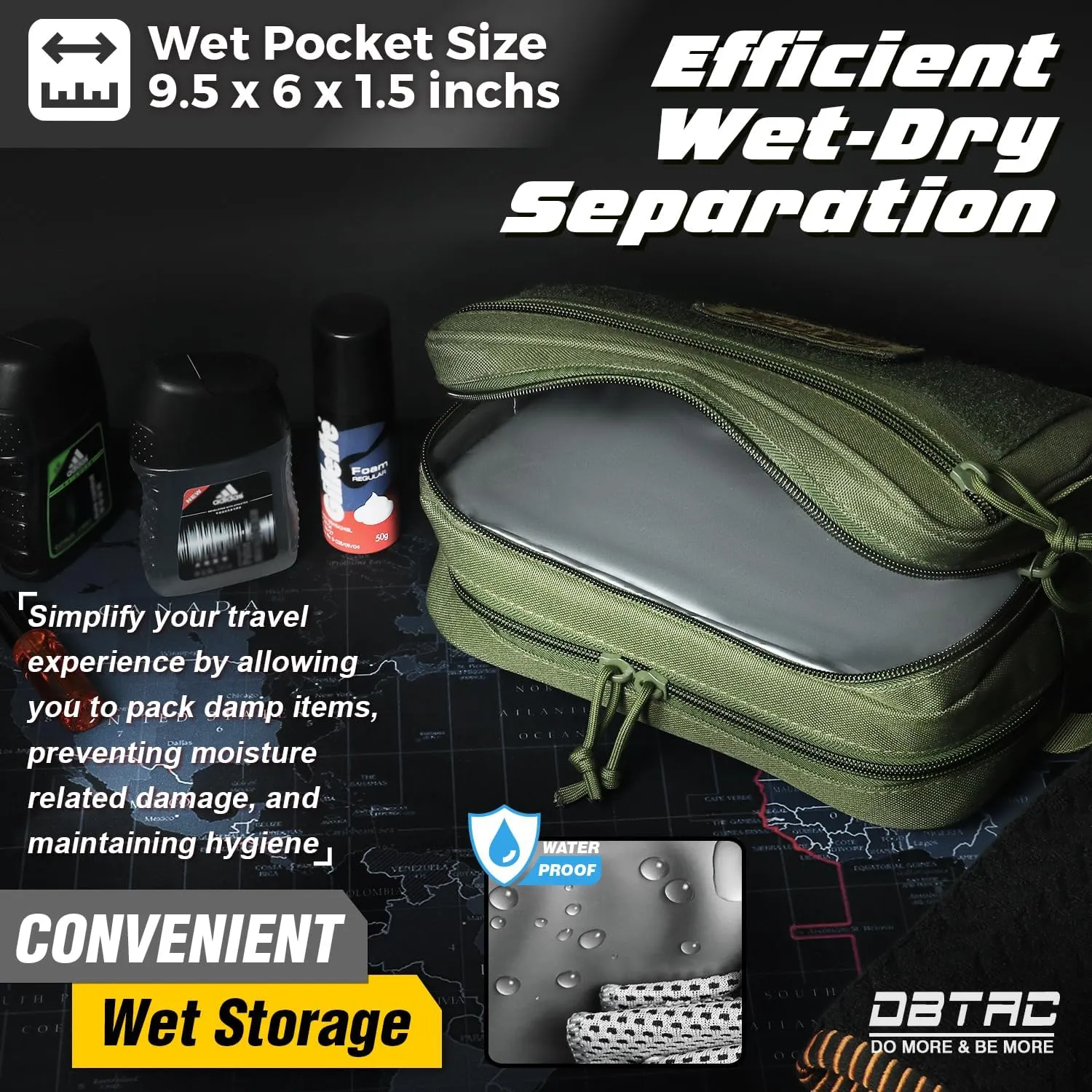 DBTAC DO MORE & BE MORE Tactical Toiletry Bag for Men | Compact Dopp Kit with Dry & Wet Compartments | Travel Shaving Kit Bag w/US Flag Patch, OD Green