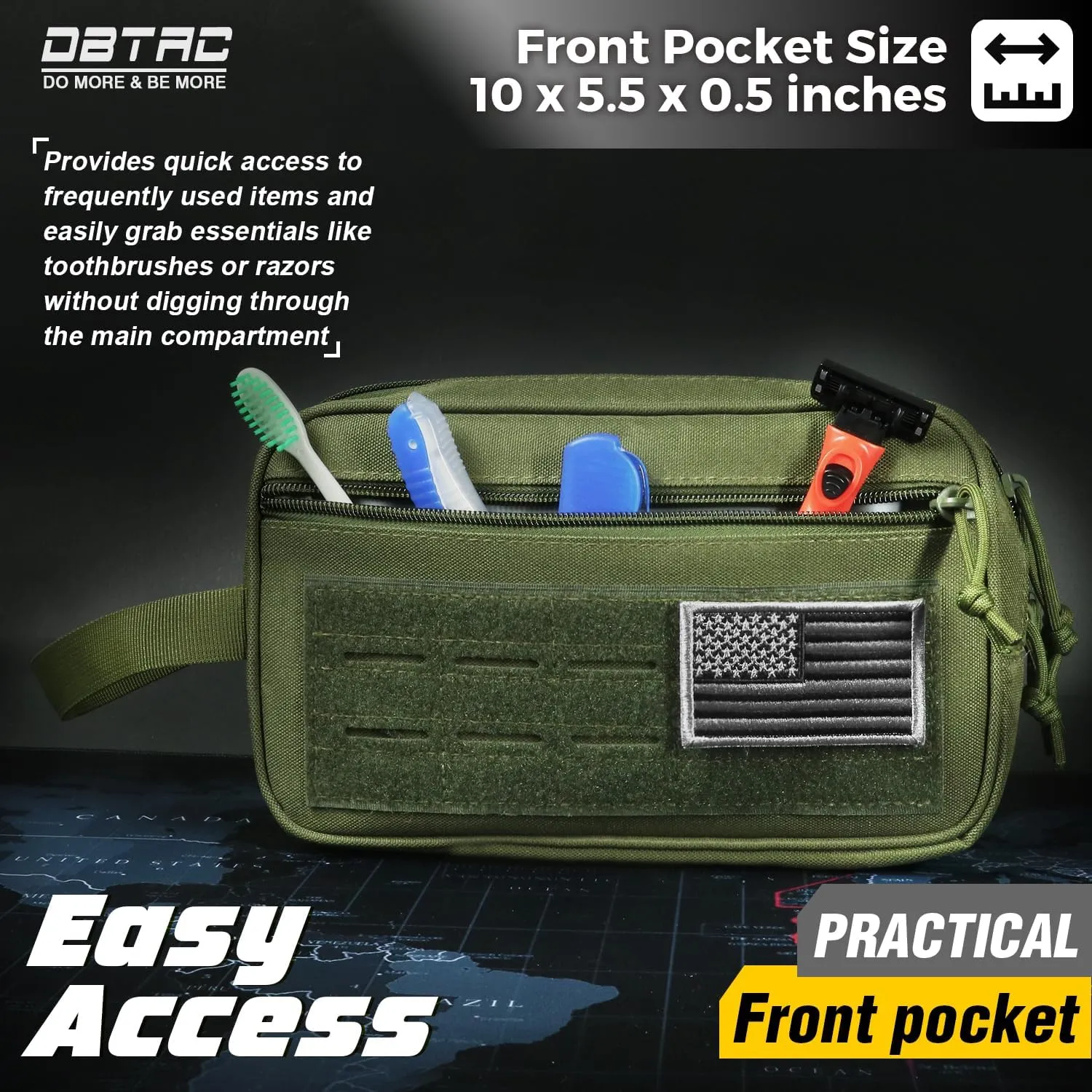 DBTAC DO MORE & BE MORE Tactical Toiletry Bag for Men | Compact Dopp Kit with Dry & Wet Compartments | Travel Shaving Kit Bag w/US Flag Patch, OD Green