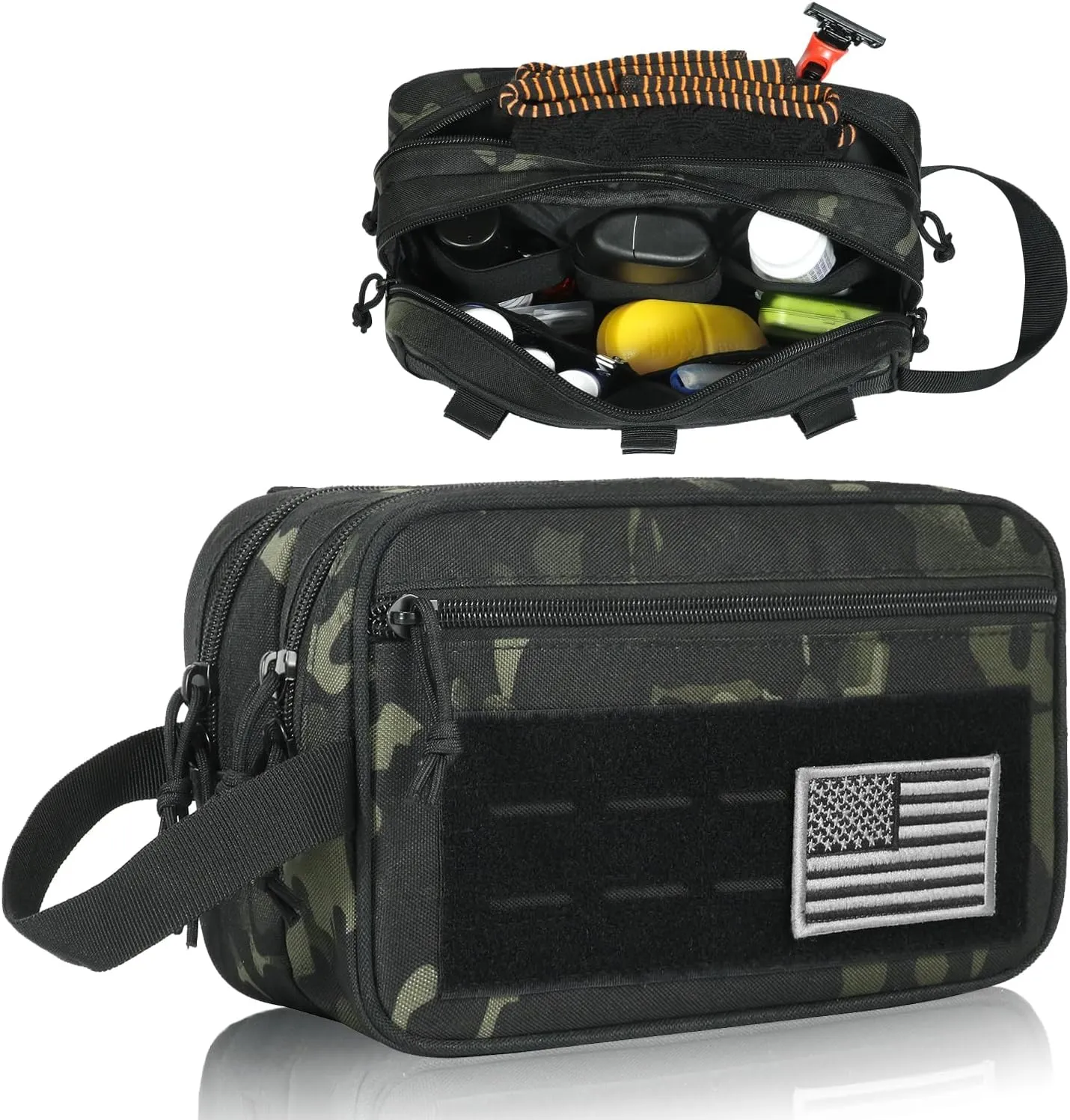 DBTAC Tactical Toiletry Bag for Men | Dry Wet Separate Hygiene Bag Compact Dopp Kit Mens Shaving Kit Travel shower Bag (Black Camo)