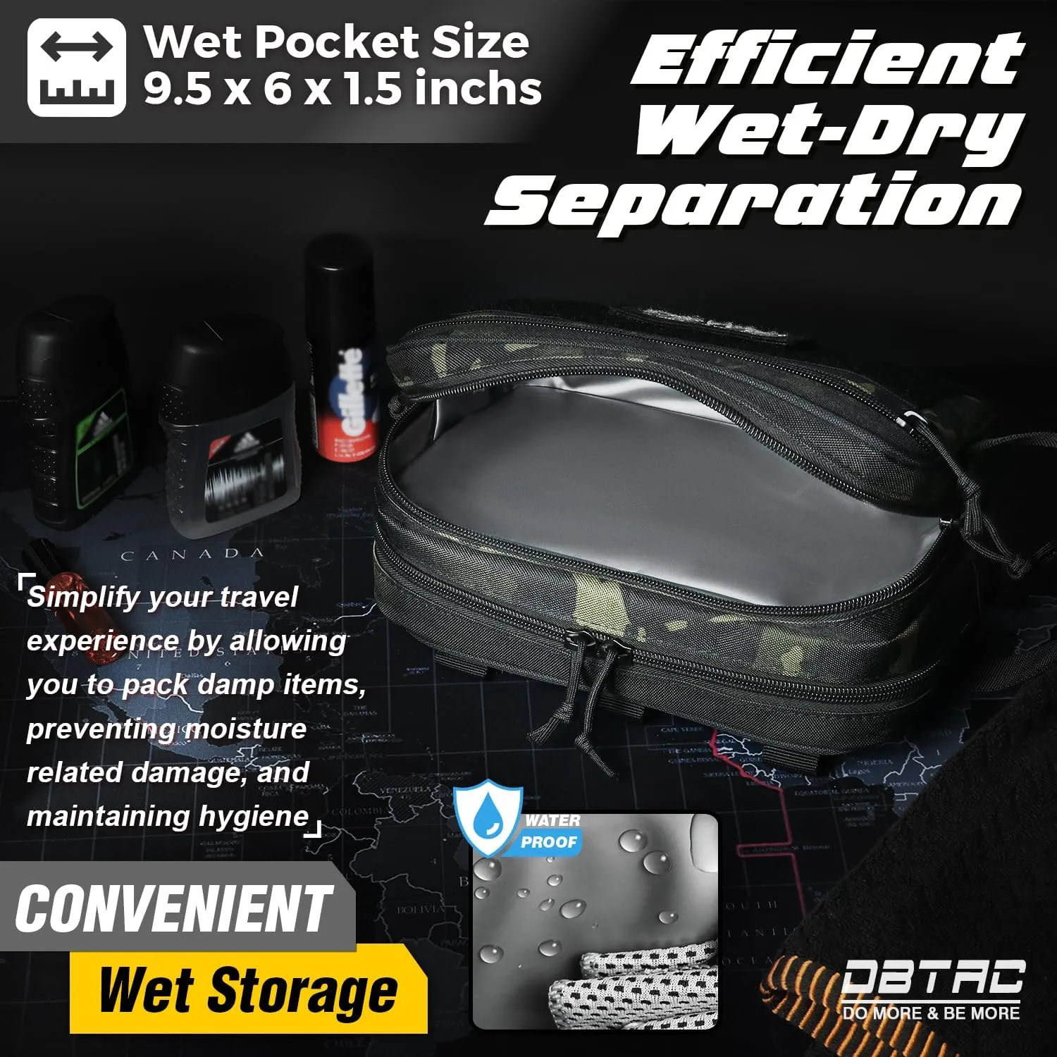 DBTAC Tactical Toiletry Bag for Men | Dry Wet Separate Hygiene Bag Compact Dopp Kit Mens Shaving Kit Travel shower Bag (Black Camo)