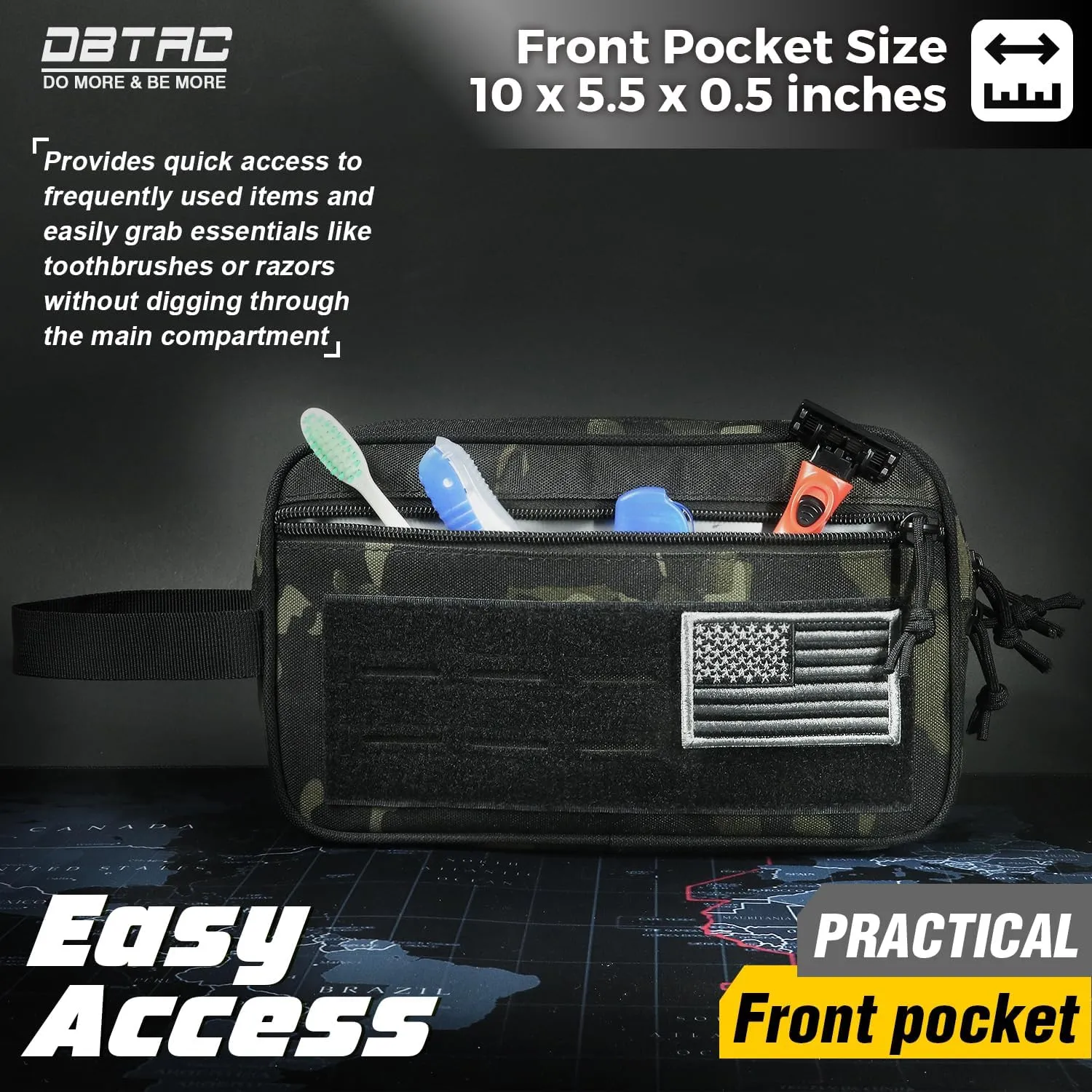 DBTAC Tactical Toiletry Bag for Men | Dry Wet Separate Hygiene Bag Compact Dopp Kit Mens Shaving Kit Travel shower Bag (Black Camo)