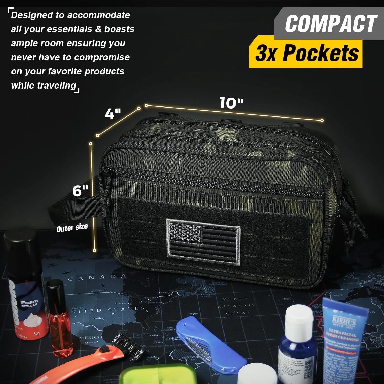 DBTAC Tactical Toiletry Bag for Men | Dry Wet Separate Hygiene Bag Compact Dopp Kit Mens Shaving Kit Travel shower Bag (Black Camo)