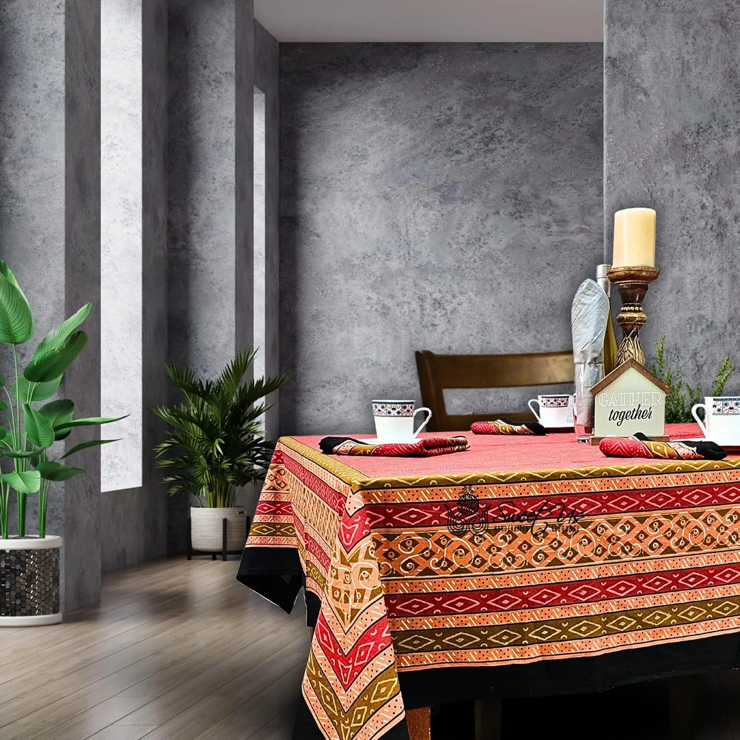 Debonair Diamond Cotton Tablecloth and One Plain Napkin, Geometric Kitchen Dining Table Cloth, Table Cover for Indoor and Outdoors, Tuscan Passion, 60 x 90 in