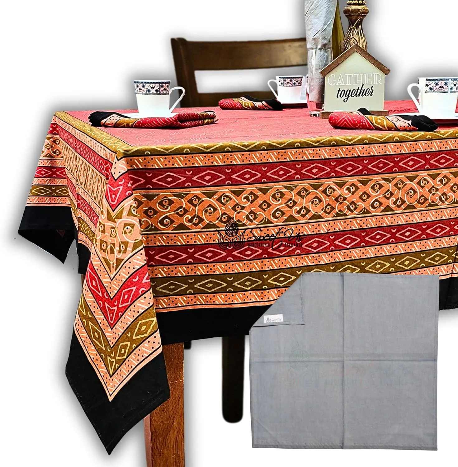 Debonair Diamond Cotton Tablecloth and One Plain Napkin, Geometric Kitchen Dining Table Cloth, Table Cover for Indoor and Outdoors, Tuscan Passion, 60 x 90 in