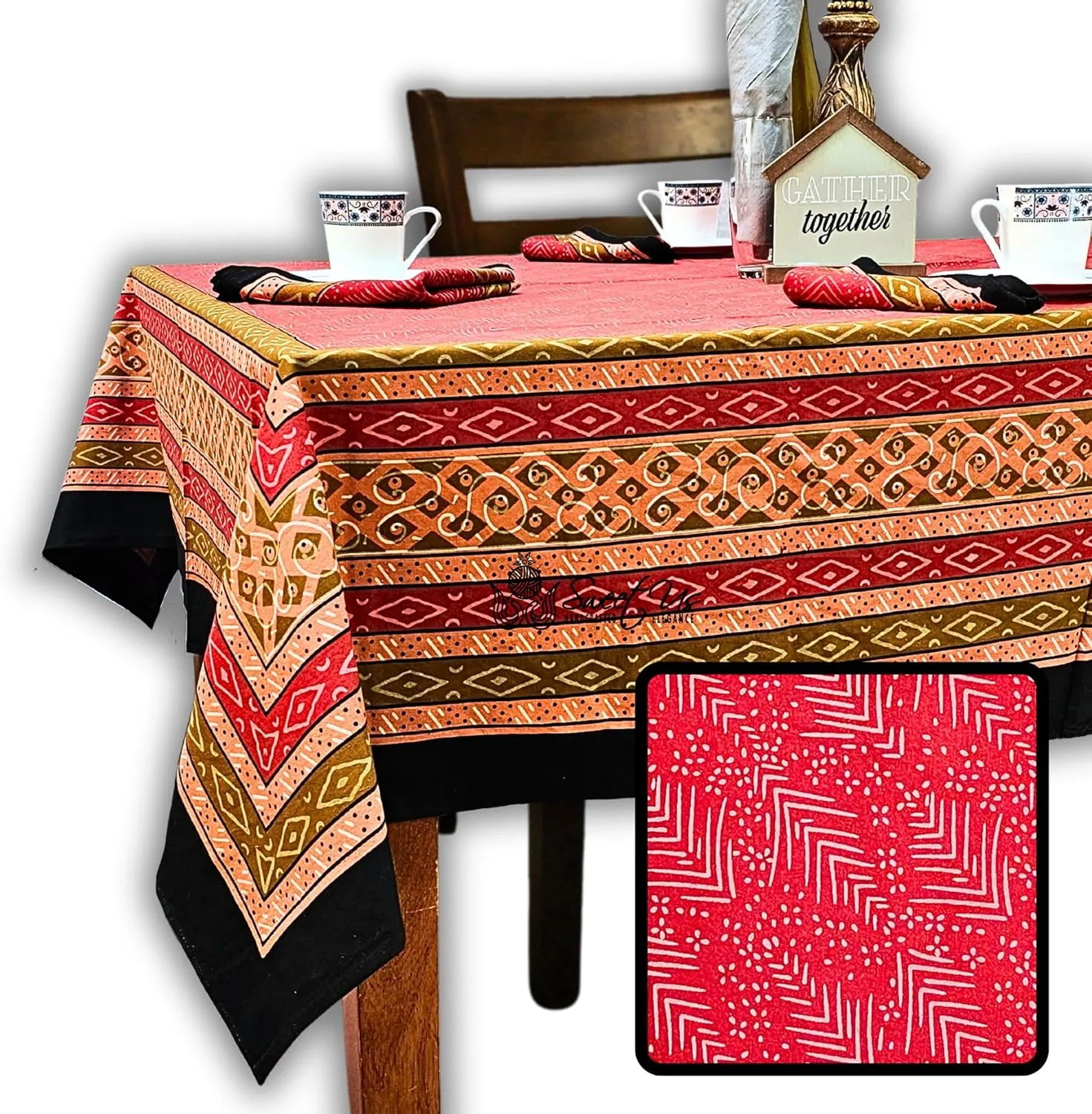 Debonair Diamond Cotton Tablecloth and One Plain Napkin, Geometric Kitchen Dining Table Cloth, Table Cover for Indoor and Outdoors, Tuscan Passion, 60 x 90 in