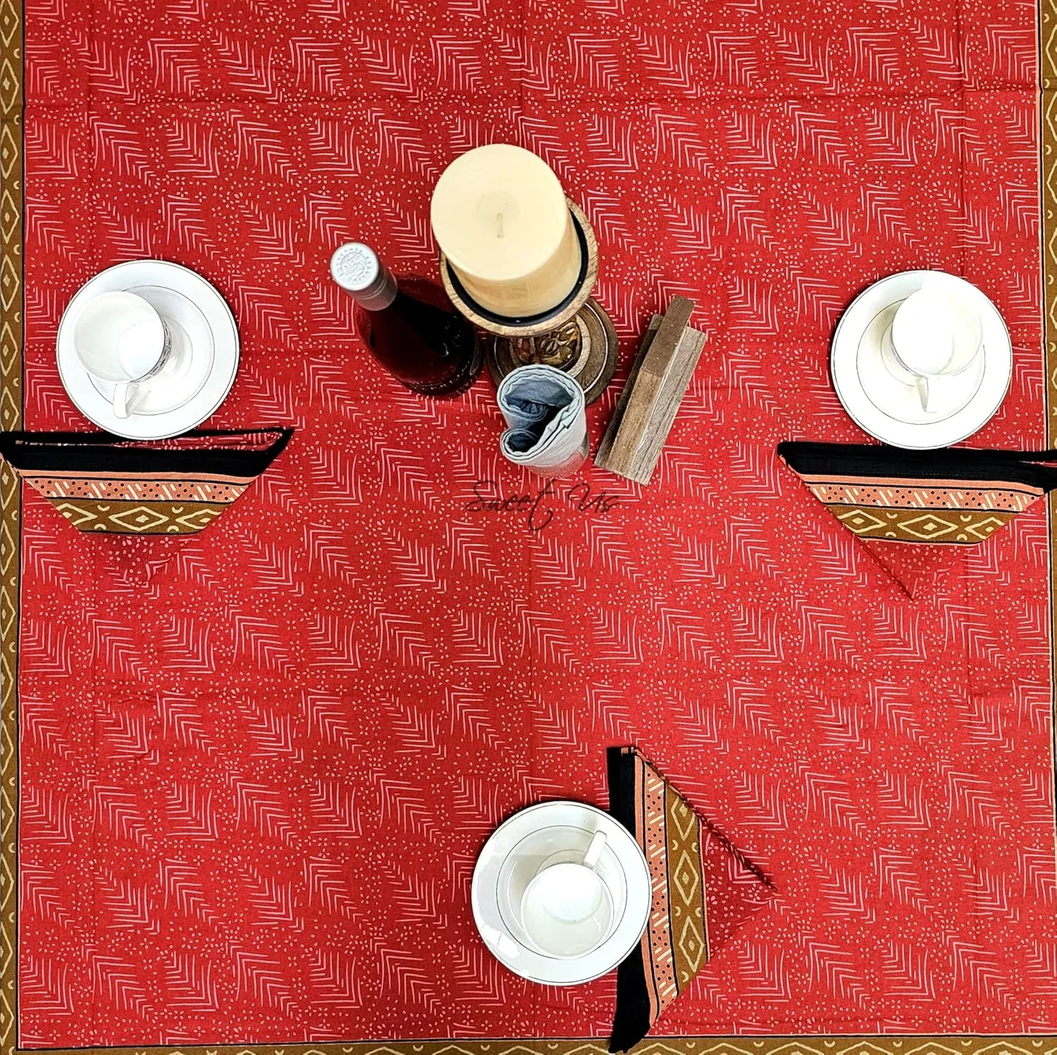 Debonair Diamond Cotton Tablecloth and One Plain Napkin, Geometric Kitchen Dining Table Cloth, Table Cover for Indoor and Outdoors, Tuscan Passion, 60 x 90 in